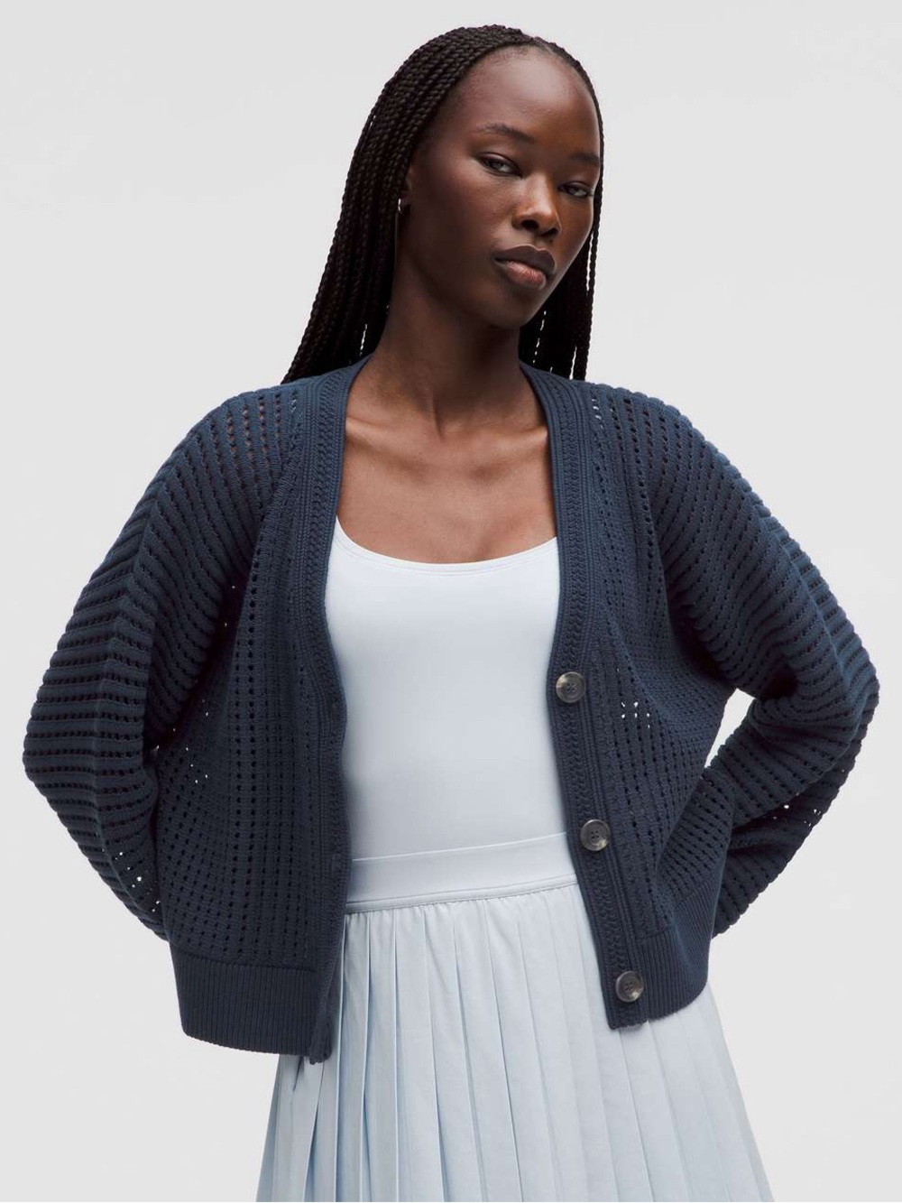 Lululemon NWOT Cotton Crochet Mesh Relaxed-Fit Cardigan Club Blue